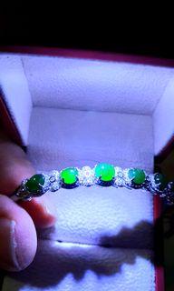 ( 正陽绿种蛋面银手镯 ) Grade A imperial green icy clear jadeite (myanmmar) with zircon diamond on S925 silver bangle