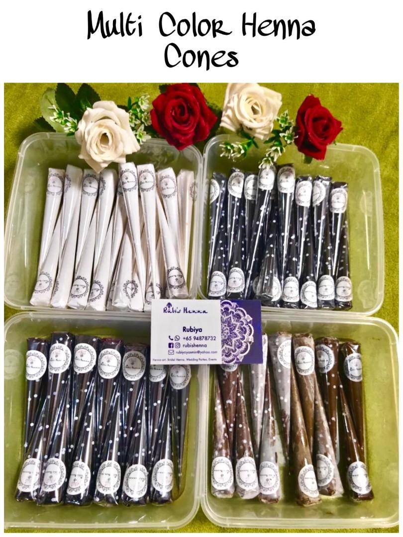 Henna cones - Hari raya promo😍 (Category: Hands & Nails) located in Singapore. Submitted by rubishenna90 (Listing ID 1023626978, Image 1). Description: Multi colour Henna cones for sale!!! #Natural henna cones 1 Cone for $4 and 3 Cones for $10( 15grams) 5 for $15 10 for $28 20 for $50 #Jagua henna cones 1 cone for $10 ( 10 grams) #Cherry red henna cones 1 cone for $7 ( 15 grams) 3 cones for $18 #white henna cones 1 cone for $15( 10 grams) #Self 