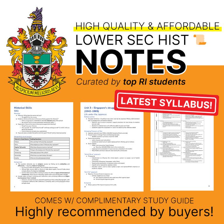 RI Raffles History Notes Lower Secondary Hist Sec 1 Sec 2 (Category: Assessment Books) located in Singapore. Submitted by cactusnotes (Listing ID 1126678449, Image 1). Description: All Sec 1 & 2 Topics Covered, Latest 2026 Syllabus as published by MOE Many 5 Star Reviews and Highly Recommended by Customers :) 💰💰Value for money pricing - Only buy what you need!💰💰 $4 per topic for History Notes DM For Samples & Check out images for topics cover