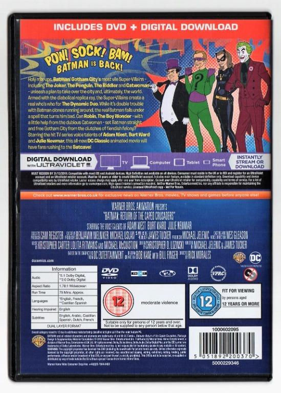 Return of the Caped Crusaders - 1960s Batman Original DVD (Category: CDs & DVDs) located in Singapore. Submitted by simgoat (Listing ID 1132246565, Image 3). Description: Watched it only once. Digital code unused. Starring the voices of the original 1960s cast. Mailing possible. Buyer pays for postage. .