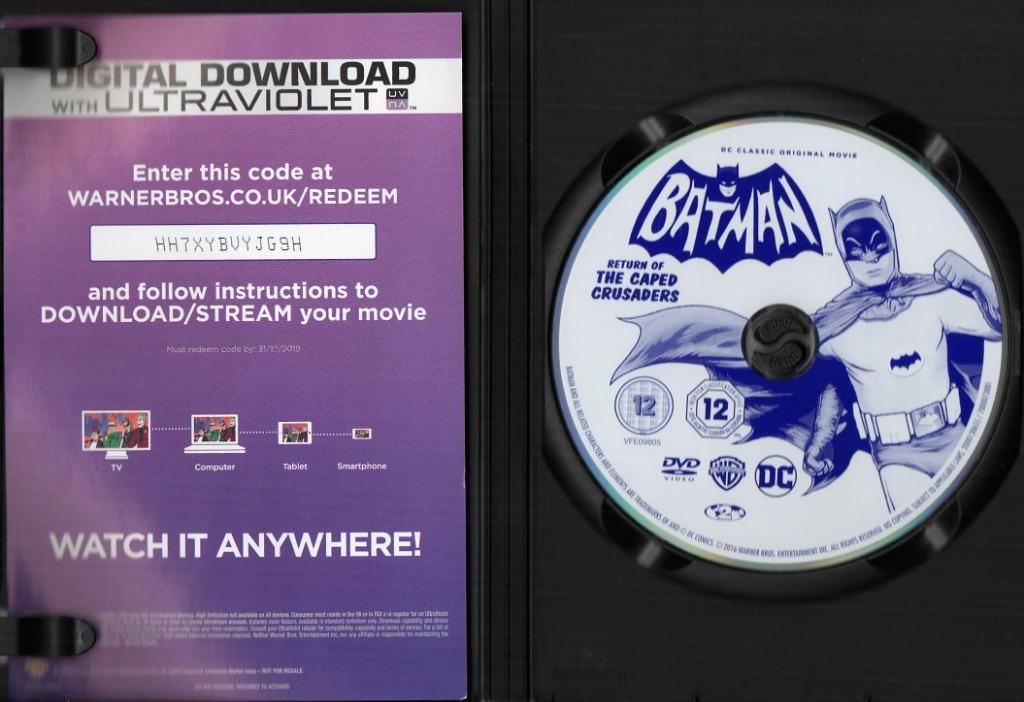 Return of the Caped Crusaders - 1960s Batman Original DVD (Category: CDs & DVDs) located in Singapore. Submitted by simgoat (Listing ID 1132246565, Image 2). Description: Watched it only once. Digital code unused. Starring the voices of the original 1960s cast. Mailing possible. Buyer pays for postage. .