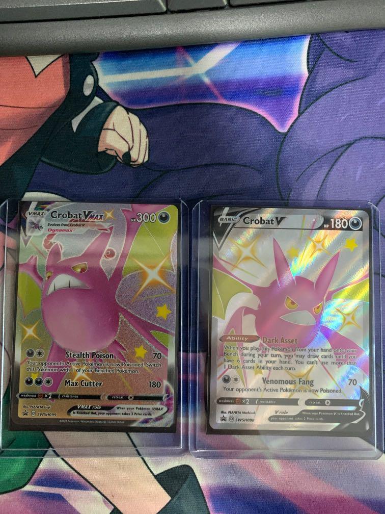 Shining Fates Crobat V and Vmax (Category: Raw Cards) located in Singapore. Submitted by jianrong1 (Listing ID 1074902428, Image 1). Description: New shining fates card. Pulled sleeved and toploaded. PM for details on premium box .
