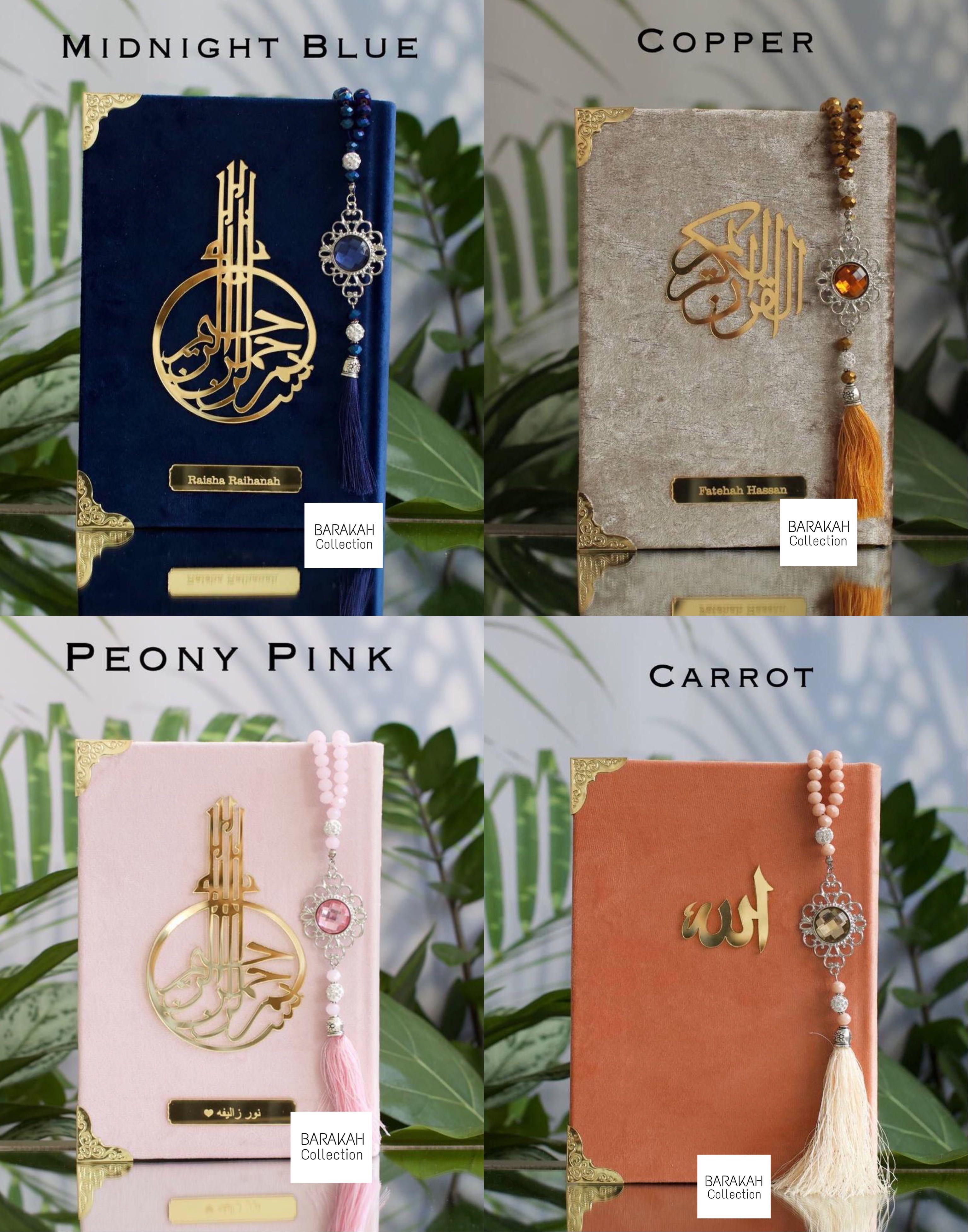 Al-Quran Premium Velvet Cover + Al-Quran Size A5 (Without Tagging) (Category: Religion Books) located in Singapore. Submitted by barakah.collection.sg (Listing ID 1071881741, Image 7). Description: 📢 Al-Quran Premium Velvet - 19 Colours ((Available Size A4/A5)) • Items open for Preorder. 📌Boleh dibuat sebagai Hantaran 📌 Tambah Nama Plate (Jawi/Rumi) extra $15 (Refer to 2nd/3rd/4th photos) (❌DISCONTINUED) 📌 Tambah Edge Gilded (Warna Tepi) extr