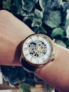 Gold/White Skeleton Mechanical Watch with Black Leather Strap