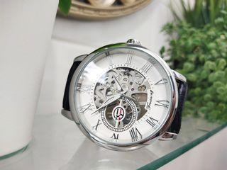 Silver/White Skeleton Mechanical Watch with Black Leather Strap