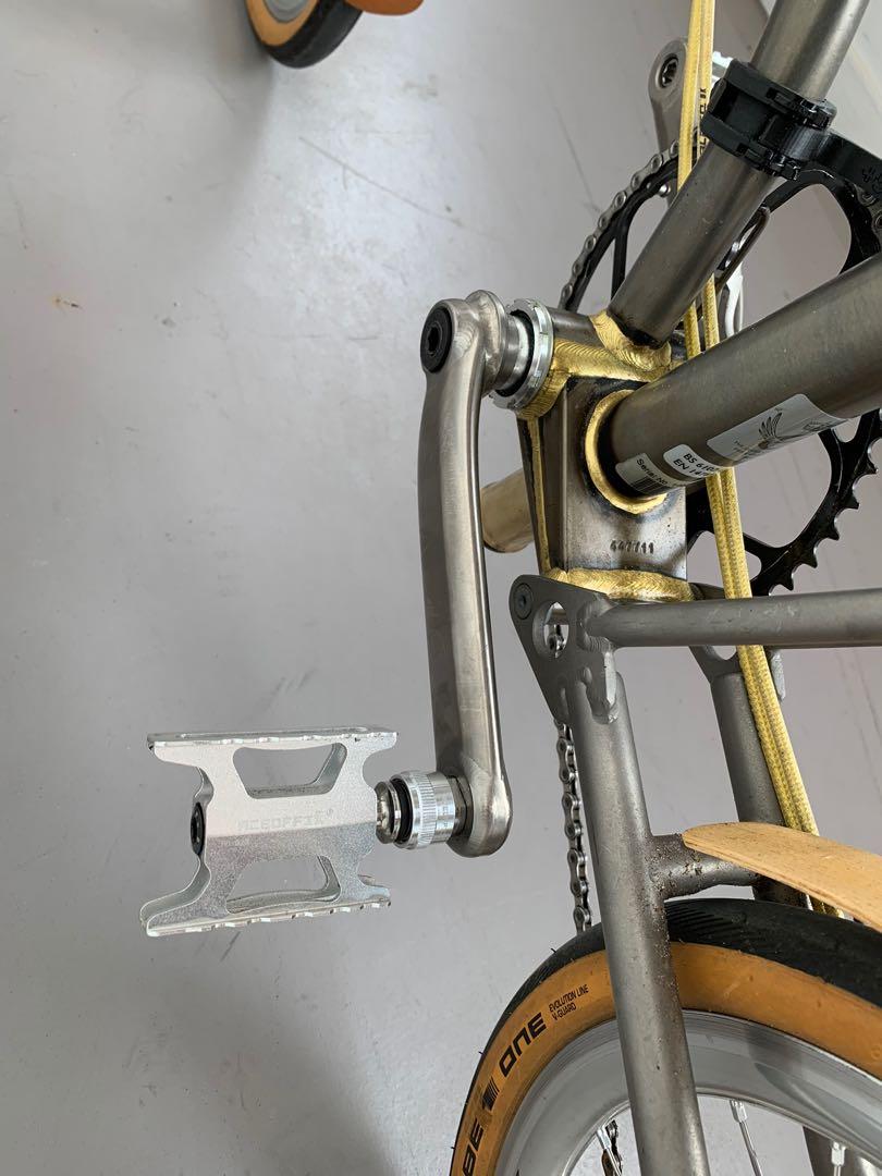 Brompton Superlight Lacquer 7-speed with rare mods - thx4ride, titanium cranks, Suncord, Selle Italia, Chris King, Extralite, Rabike, H&H, Tiparts, Aceoffix (Category: Bicycles) located in Singapore. Submitted by discolite (Listing ID 1177203290, Image 9). Description: Brompton Superlight Lacquer with titanium rear triangle and fork. Converted to 7 speed. Thx4ride parts. Custom titanium cranks, seatpost, handlebar. Everything is top-end. Recently