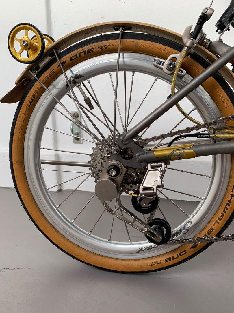 Brompton Superlight Lacquer 7-speed with rare mods - thx4ride, titanium cranks, Suncord, Selle Italia, Chris King, Extralite, Rabike, H&H, Tiparts, Aceoffix (Category: Bicycles) located in Singapore. Submitted by discolite (Listing ID 1177203290, Image 5). Description: Brompton Superlight Lacquer with titanium rear triangle and fork. Converted to 7 speed. Thx4ride parts. Custom titanium cranks, seatpost, handlebar. Everything is top-end. Recently