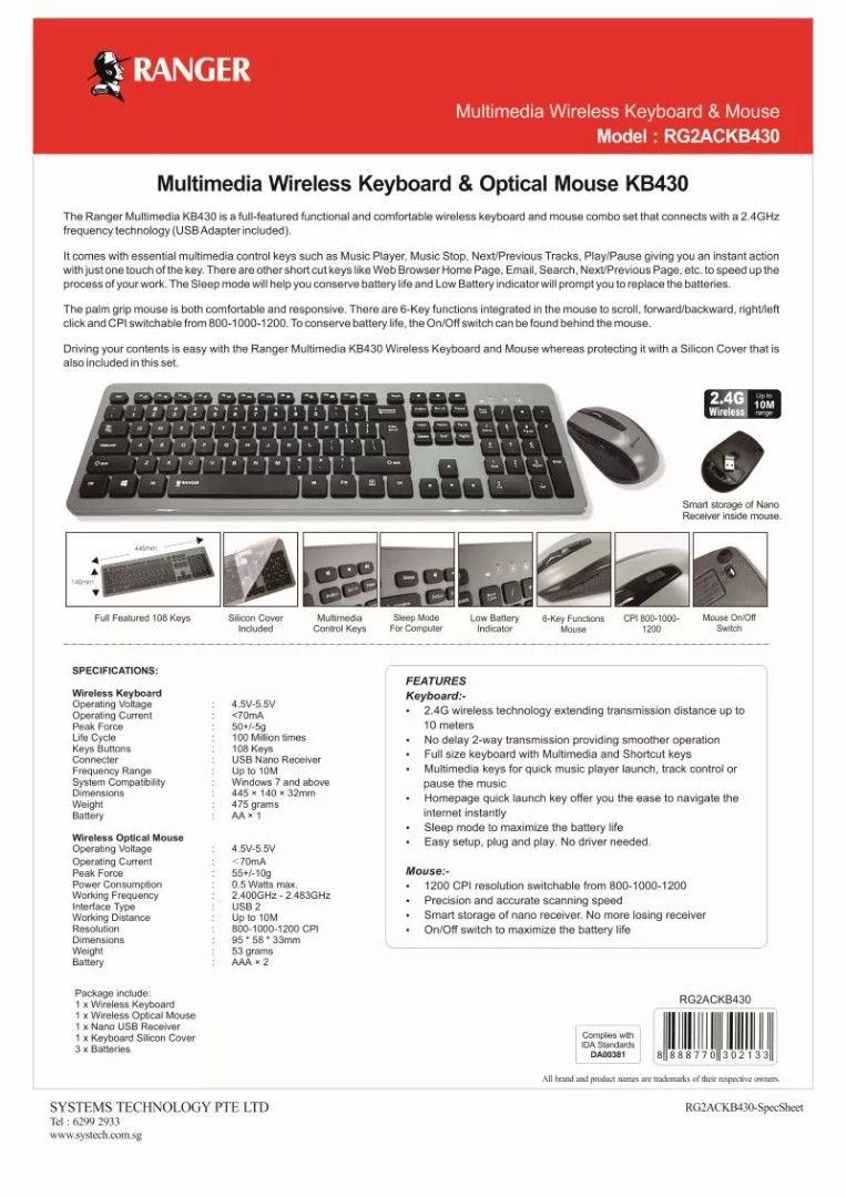 Ranger KB430 Twin Combo (Category: Computer Keyboard) located in Singapore. Submitted by unbeli3vablesale (Listing ID 1208682440, Image 5). Description: Clearance Sales: . Brand New In Box (Sealed) . Amazing & Fabulous Features . 1 Of The Best Keyboard . 2 x Ranger KB430 @ $30 Only!!! Get It Now, While Stocks Last!!! For Specs Info, please refer to pix 6. Interested buyers pls PM me. 😃 Self Collection @ Hougang Parkedge Only!!!.