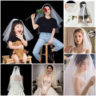 3m Shiny Glitter White Gold Champagne Colour Soft Korean Style Hair Accessories Tulle Blusher Cathedral 1.5m Natural Plain Outer Lining Pretty Beautiful Prewedding ROM Wedding PWS Bridal Fingertip Waist Short White Ribbon Bride Long Train Veil No Comb