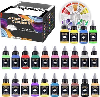 SAGUDIO Airbrush Paint 24 Colors (30 ml/1 oz) Opaque & Fluorescent Acrylic Airbrush Paint Set with Color Wheel, Ready to Air Brush Paint.