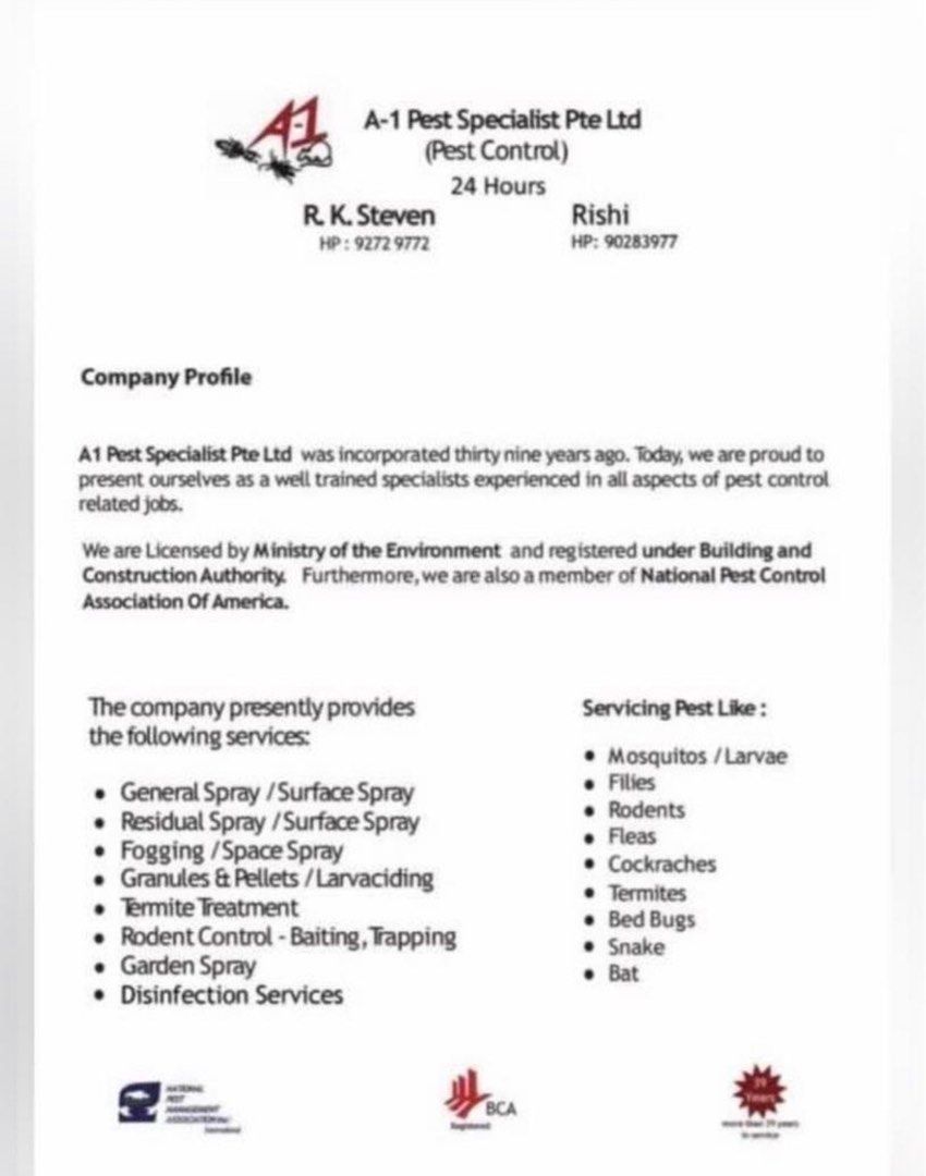 24Hours!!! Most affordable pest control and pest control services pest , pest control supplies & Premium Pest control home services!! (Experience of over 40 Years!, termites , bedbugs, cockroach , ants , termites , beehives , soil treatment and more ) (Category: Pest Control Services) located in Singapore. Submitted by A1PestSpecialistmgmt (Listing ID 1217628575, Image 2). Description: pest control 24 Hours! please contact using this link https:/