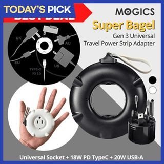 Mogics SUPER BAGEL GEN 3 Smallest Travel Adapter In the World PD Fast Charge/ USB /TypeC Good For Travel Home Office