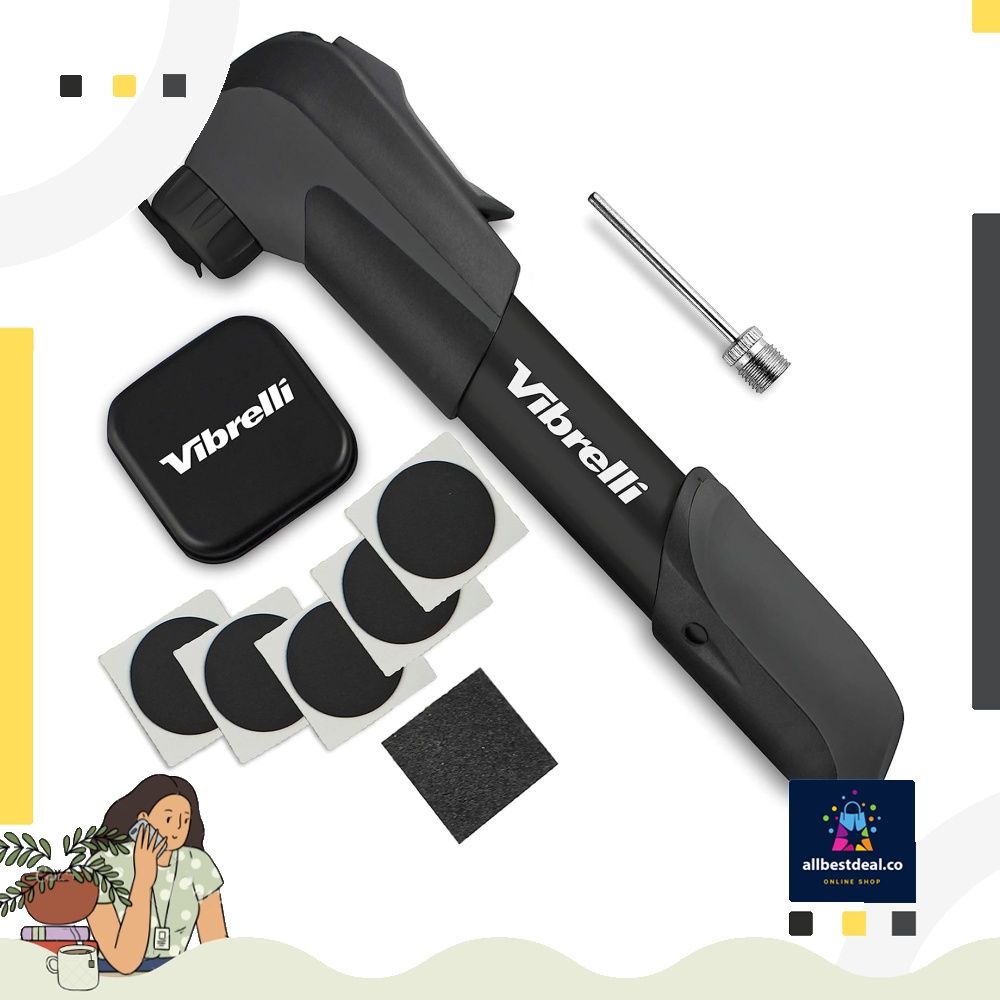 Vibrelli Mini Bike Pump & Glueless Puncture Repair Kit - Fits Presta & Schrader - 120 PSI - No Valve Changing Needed. (Black) (Category: Parts & Accessories) located in Singapore. Submitted by sg.allbestdeal (Listing ID 1246028533, Image 1). Description: "SUPER-FIT" Clever Valve - No adaptors needed. Automatically locks onto both Schrader and Presta valves, no leaks, no valve changing needed. IMPORTANT: doesn’t come with separate valve adaptors b