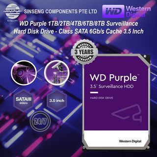 1TB-10TB WD Purple LOCAL  1TB/2TB/4TB/6TB/8TB/10TB/12TB/16TB HDD CCTV Surveillance Hard Disk LOCAL Drive, SATA 6 Gb/s, Cache, 3.5" Western Digital Hard Disk (100% Authentic Local Drive | 3 YR Local Warranty)
