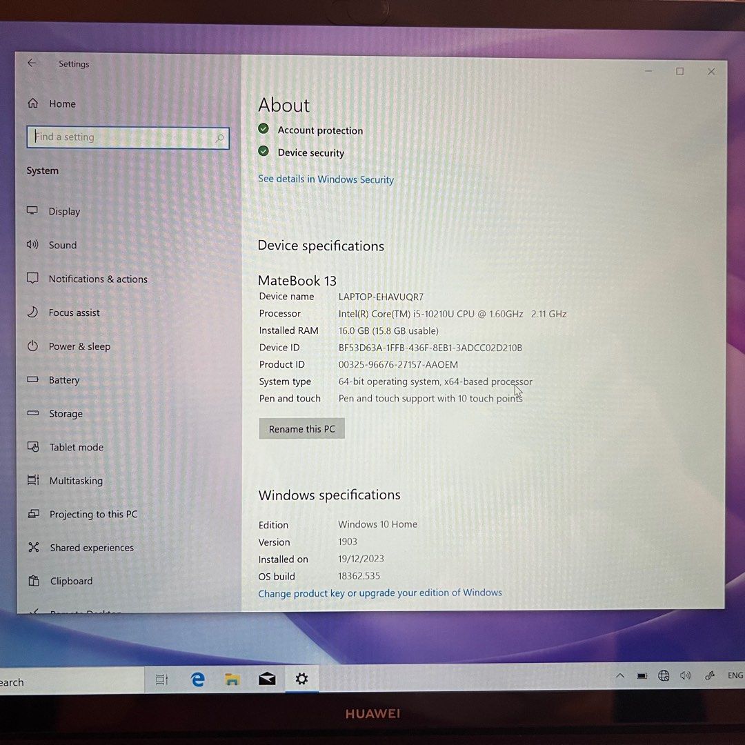 Matebook 13 (Touch Screen) (Category: Laptops & Notebooks) located in Singapore. Submitted by zouhai (Listing ID 1279605437, Image 5). Description: Like new condition always used with cover and indoors, main use as zoom meeting device. Touch screen model Open to negotiate No trades #huawei laptop #laptop #i5 #windows 10 #acer .