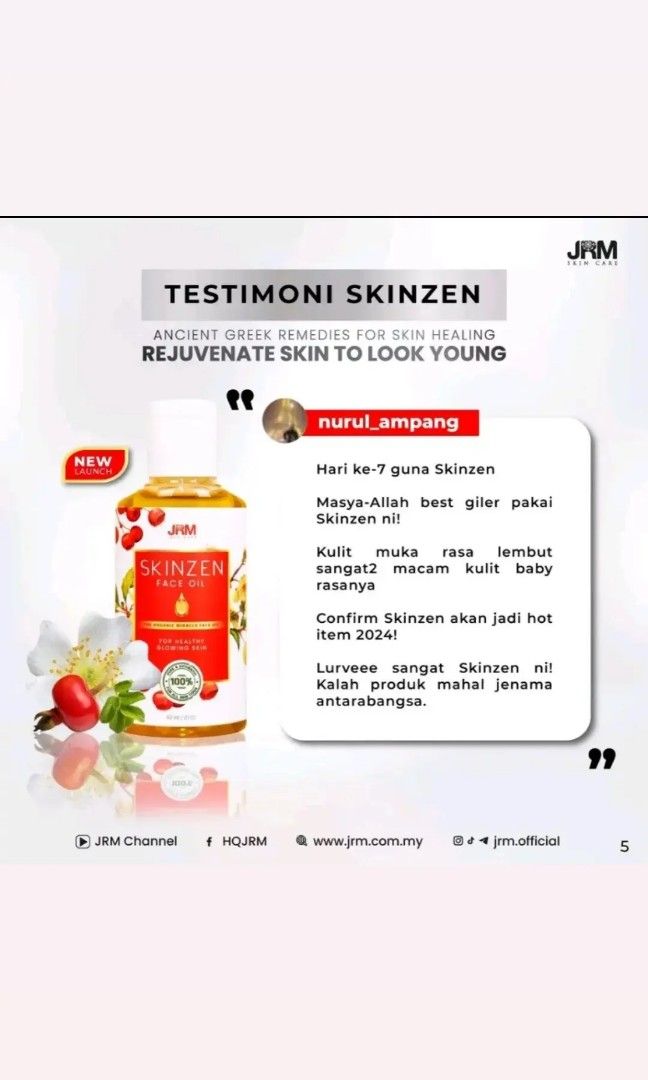 SKINZEN Face Oil buy 2 get 1 FREE (Category: Face Care) located in Singapore. Submitted by idnor (Listing ID 1282972257, Image 3). Description: Skinzen Face Oil Newest Face Oil From HOLOSTIC JRM •Fastly slackening and old face •Shrink face pores •Raises face series and looks younger than actual age •Skin is shinier and healthier •Moisturizes and Controls facial oil •Activates lymphatic nerves •Suitable for sensitive skin and ekzema We are selling