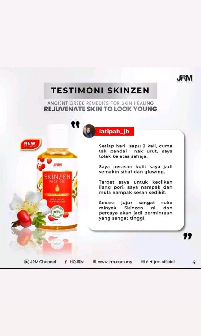 SKINZEN Face Oil buy 2 get 1 FREE (Category: Face Care) located in Singapore. Submitted by idnor (Listing ID 1282972257, Image 4). Description: Skinzen Face Oil Newest Face Oil From HOLOSTIC JRM •Fastly slackening and old face •Shrink face pores •Raises face series and looks younger than actual age •Skin is shinier and healthier •Moisturizes and Controls facial oil •Activates lymphatic nerves •Suitable for sensitive skin and ekzema We are selling