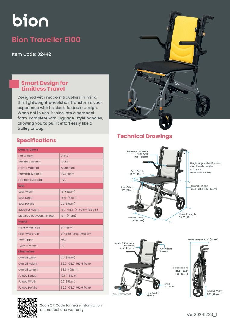 Accept CDC Vouchers at Shops! [02442] Bion Traveller Pushchair Wheelchair E100 | 15in Seat (Ship in Box) Luggage Style Handle Compact Flip-up Armrests | Video: [External link] (Category: Wheelchairs) located in Singapore. Submitted by bionsg (Listing ID 1061319956, Image 2). Description: Why buy from Bion? - Offers Best Value for Money! - 17 years of experience! - Spare parts availability! bion.sg 1) FOR DELIVERY - use BUY button. Shipping Fees: 