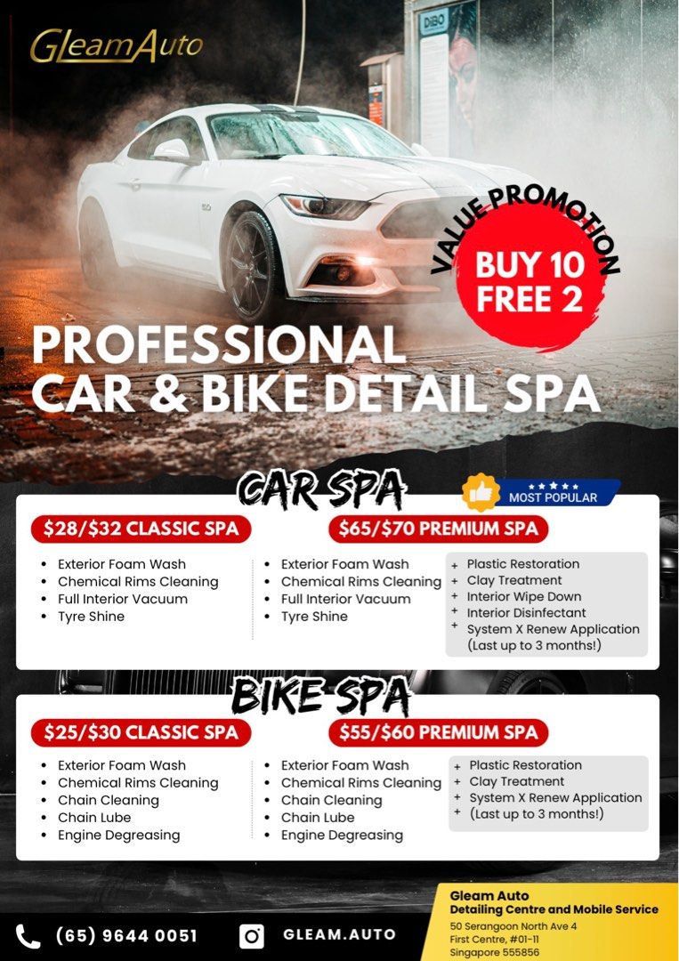 🔥 Premium Car Spa @ Serangoon First Centre| Exterior Foam Wash | Chemical Rims Cleaning and Scrub | Tyre Shine | Interior Vacuum, Wipe, Disinfectant | Claybar | System X Renew Nano Ceramic Protection Spray 🇺🇸 [ Walk-ins Accepted ] (Category: Detailing & Protection) located in Singapore. Submitted by gleamauto.detailingcentre (Listing ID 1308415847, Image 5). Description: Professional car premium spa wash at $65.00 / $70.00 only! Car detail was