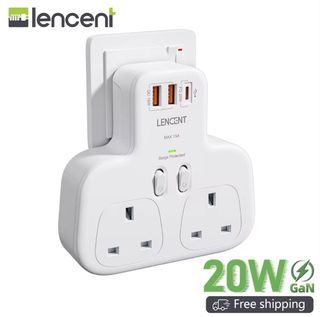 LENCENT Surge Protected 2 Way Plug Adapter With 3 USB Slots, Multi Plug Extension