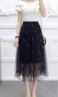 Black Tulle Embroidery Flower Floral Skirt Elastic High Waist Long Mesh Tutu Midi Pleated Skirt