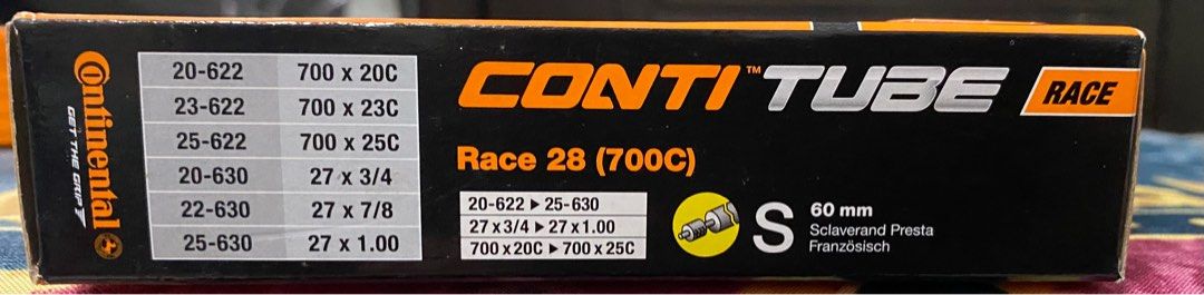Continental tyre inner tube 700c (28) (KC) (Category: Parts & Accessories) located in Singapore. Submitted by rochetomas (Listing ID 1316669544, Image 3). Description: $10each - 4 pieces Continental tyre inner tube 700c (28) (KC).