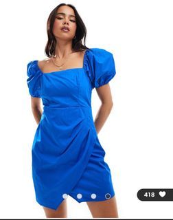 Mango Puff Sleeve Ruched Mini Dress (Cobalt Blue)