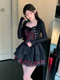 Gothic Lolita Dress Set - Black & Red Plaid