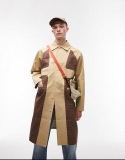 Topshop Topman deconstructed mac long trench coat with vintage check panel in stone