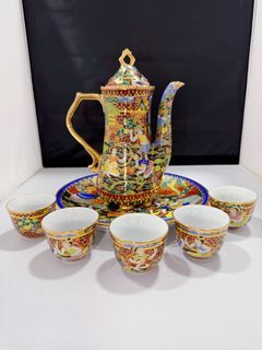 Hand-Painted Thai Benjarong Tea/Coffee Set (Pot + 5 Cups + Tray, Gold Detailing)