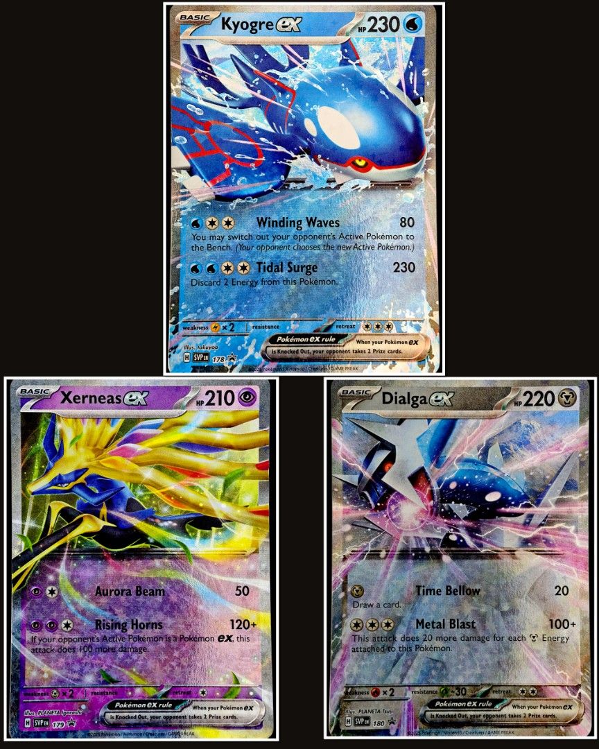 Kyogre ex SVP178 - Xerneas ex SVP179 - Dialga ex SVP180 Pokemon Black Star Promo Set (Category: Raw Cards) located in Singapore. Submitted by pokedot.tcg (Listing ID 1405305380, Image 1). Description: Kyogre ex SVP178 - Xerneas ex SVP179 - Dialga ex SVP180 Pokemon Black Star Promo Set #TCG#Pikachu#Charizard#PSA#BGS#Pokemon#Mew#Mewtwo#Eevee#booster#pack#box#CGC#BGS#Beckett#IR#SIR#SAR#AR#Sealed#Cards#Fullart#English#Japanese#Chinese#Sealed#Vintage#