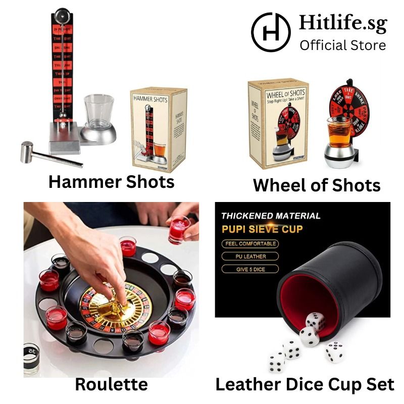 PU Leather Dice Cup Set, Roulette, Hammer Shots, Wheel of Shots Party Bar Club KTV Entertainment Drinking Party Game Supplies (Category: Board Games & Puzzles) located in Singapore. Submitted by hitlifesg (Listing ID 1360460300, Image 1). Description: 1 PU Leather Dice Cup + 5 White 16mm Dice: $5 Minimum Purchase: 2 sets Bulk order price: $4.50 (more than 10 sets) Wheel of Shots: $5 Hammer Shots: $10 Roulette: $10 Standard Delivery (2-4 working d