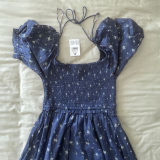FREE TRACKED MAIL | cotton on midnight dark navy blue dainty puff sleeve floral square neck baby doll vintage midi maxi ruched cottagecore dress