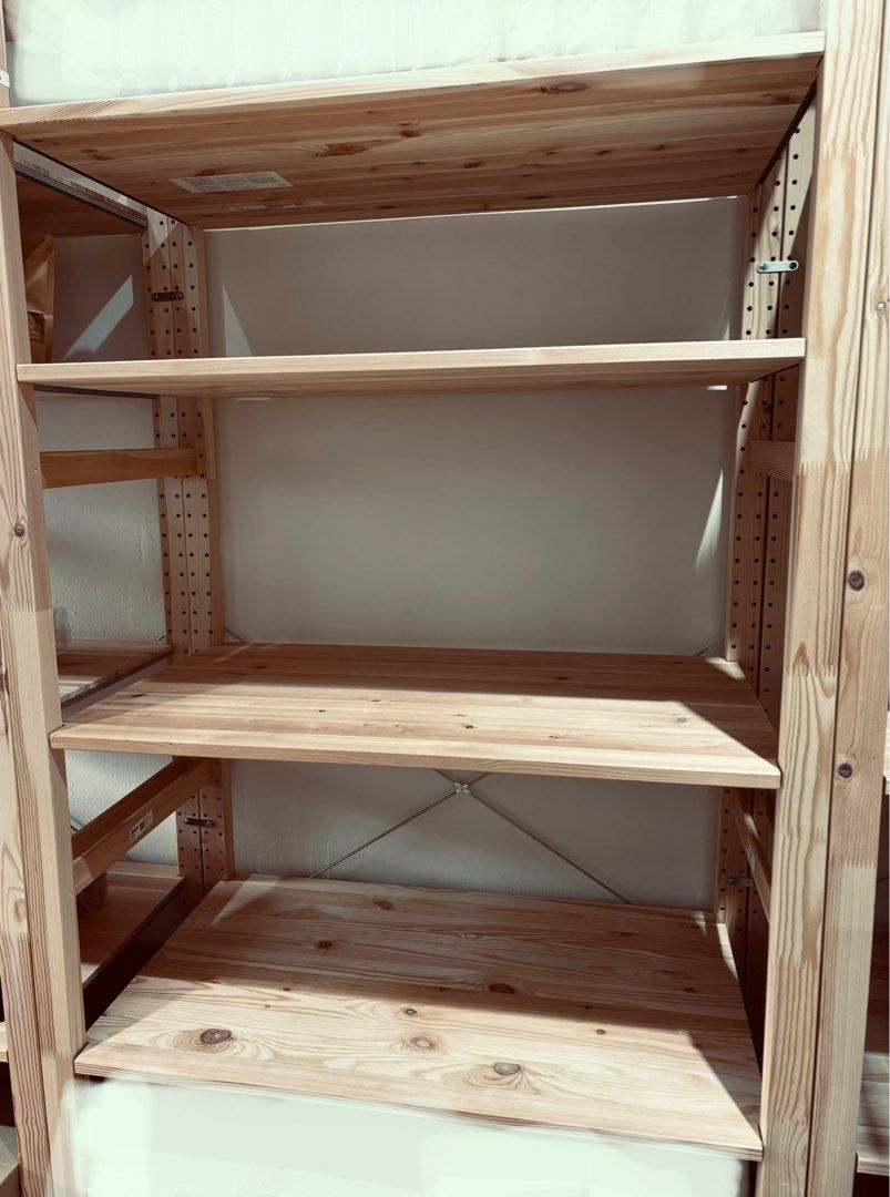 IKEA Shelf (Category: Shelves, Cabinets & Racks) located in Singapore. Submitted by ResaleSpace (Listing ID 1411389807, Image 1). Description: IKEA Ivar pine tree 5 levels shelving unit for sale. 89x50x179cm -4 units(sold 3) 89x30x179cm-1 unit Price/unit. Self collection/own transport. Available for collection on weekdays from 2-3.30pm. Paynow 50% deposit to reserve. No refund for cancellation and goods sold are non exchangeable..