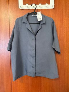Uniqlo Women Linen Blend Short Sleeve Shirt - Gray - Size S