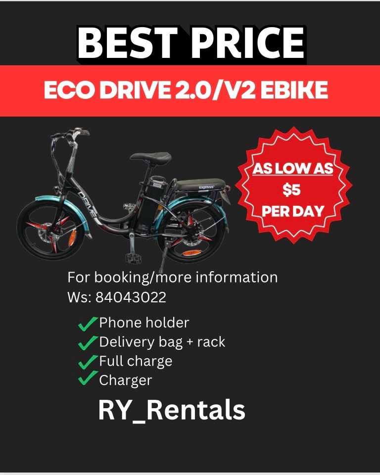 Ebike rental/ jimove mc pro rental/ eco drive rental/ jimove mc rent/ ebike rent / jimove mc rent (Category: E-Scooters & E-Bikes) located in Singapore. Submitted by ry_rentals (Listing ID 1365711351, Image 3). Description: WA 84043022 Bikes available: Eco drive 2.0 48v10ah Jimove mc 36v20ah Jimove mc pro 48v20ah Pm for more information .