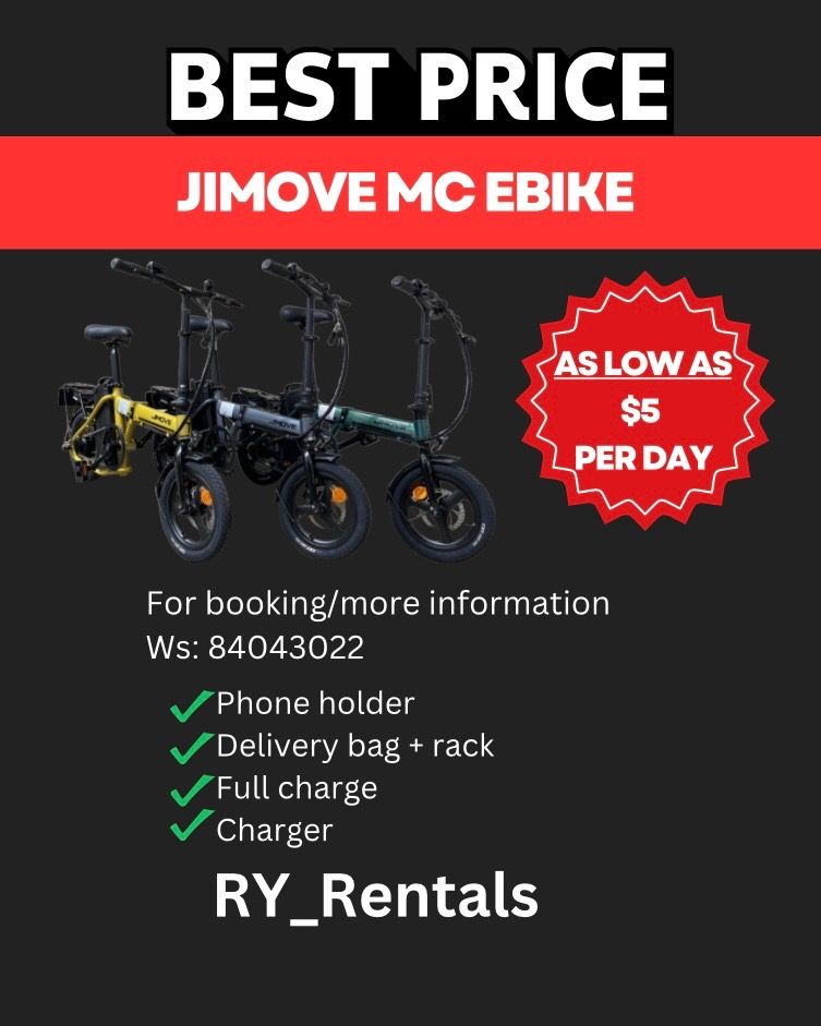 Ebike rental/ jimove mc pro rental/ eco drive rental/ jimove mc rent/ ebike rent / jimove mc rent (Category: E-Scooters & E-Bikes) located in Singapore. Submitted by ry_rentals (Listing ID 1365711351, Image 4). Description: WA 84043022 Bikes available: Eco drive 2.0 48v10ah Jimove mc 36v20ah Jimove mc pro 48v20ah Pm for more information .