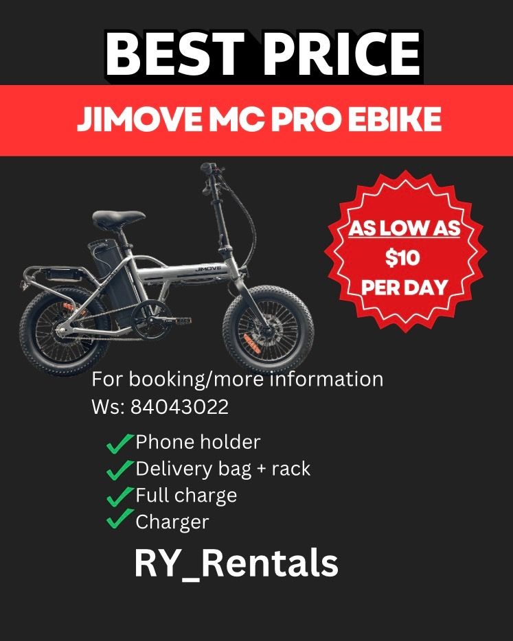 Ebike rental/ jimove mc pro rental/ eco drive rental/ jimove mc rent/ ebike rent / jimove mc rent (Category: E-Scooters & E-Bikes) located in Singapore. Submitted by ry_rentals (Listing ID 1365711351, Image 2). Description: WA 84043022 Bikes available: Eco drive 2.0 48v10ah Jimove mc 36v20ah Jimove mc pro 48v20ah Pm for more information .