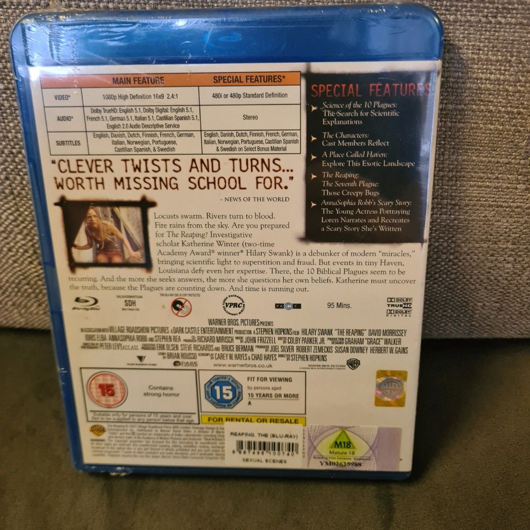 FREE TRACKABLE SHIPPING AND NEW AND SEALED! Hilary Swank's Hit Thriller Movie The Reaping Blu Ray (Category: CDs & DVDs) located in Singapore. Submitted by doraguy (Listing ID 1370285038, Image 2). Description: Two-time Academy Award® winner Hilary Swank stars as a former Christian missionary who must rediscover her faith to vanquish a terrible evil. Katherine Winter (Swank--Boys Don't Cry, Million Dollar Baby) lost her faith in God after her fam