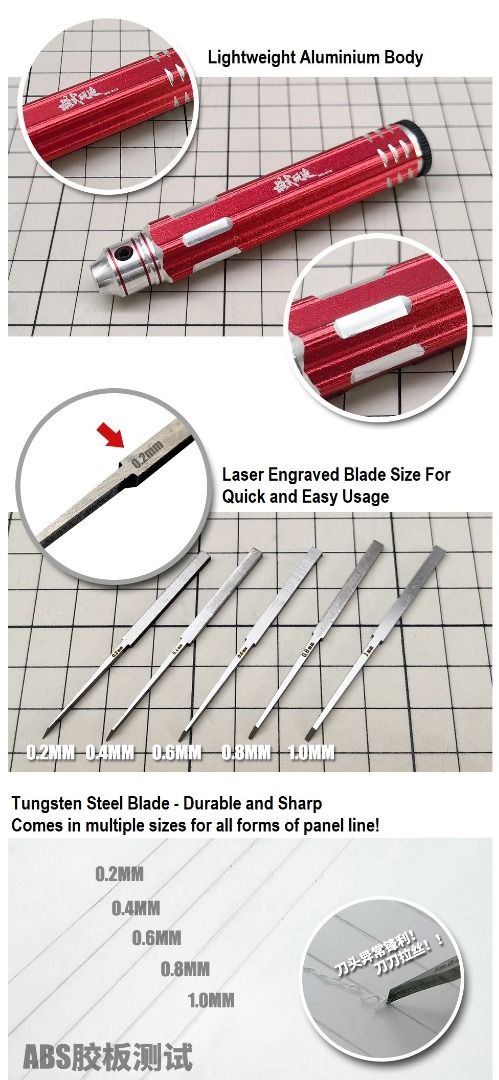 Panel Line Scriber Knife Tool Set - for Gundam & Plastic Models Panel Line Deepening/Carving 0.1 0.2 0.3 mm (Category: Gundam Model Kits) located in Singapore. Submitted by gunpla (Listing ID 1375227150, Image 5). Description: Panel line scriber knife set. Very good for starting out panel line scribing! Material: Stainless Tungsten Carbon Steel Each set (ready stock) contains: 1 X Grip Holder 1 X Blade Protection Cover 1 X Allen Key 5 X Scribing 