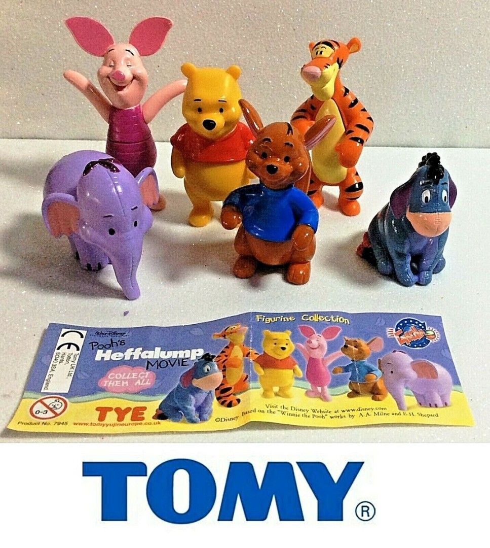 Disney Winnie the Pooh Large Figures Tomy Yujin Europe TYE - Pooh's Heffalump Movie Piglet Eeyore Tigger Cake Toppers (Category: Toy Figures) located in Singapore. Submitted by infinite_toyz (Listing ID 1375763135, Image 2). Description: Disney Winnie the Pooh Heffalump Movie figure set. Includes Pooh, Tigger, Piglet, Eeyore, Roo, and Lumpy. Each figure is about 6 cm tall. Suitable as cake toppers. .