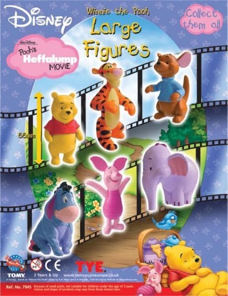 Disney Winnie the Pooh Large Figures Tomy Yujin Europe TYE - Pooh's Heffalump Movie Piglet Eeyore Tigger Cake Toppers (Category: Toy Figures) located in Singapore. Submitted by infinite_toyz (Listing ID 1375763135, Image 1). Description: Disney Winnie the Pooh Heffalump Movie figure set. Includes Pooh, Tigger, Piglet, Eeyore, Roo, and Lumpy. Each figure is about 6 cm tall. Suitable as cake toppers. .