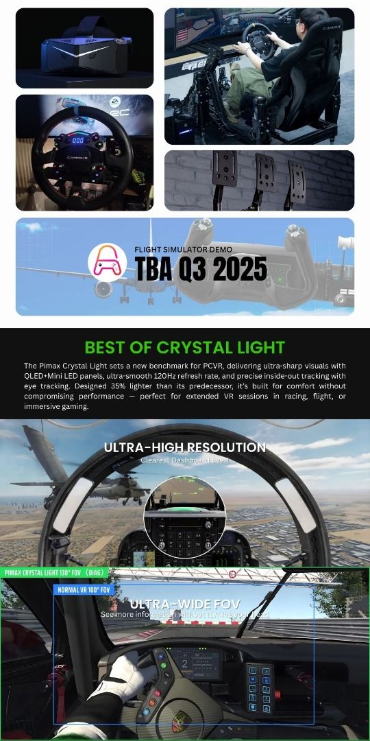 Pimax Crystal Light - Ultra-High Resolution Virtual Reality Headset PCVR - Highest End PCVR Device 🛍️ Pimax - ArchWizard (Category: Virtual Reality) located in Singapore. Submitted by archwizard (Listing ID 1375437879, Image 5). Description: 📋 Variation Pimax Crystal Light Pimax Prime $899 Pimax Crystal Light Full Price $1299 🛍️ Pimax Crystal Light Step into the next generation of immersive VR with the Pimax Crystal Light – where ultra-clear v
