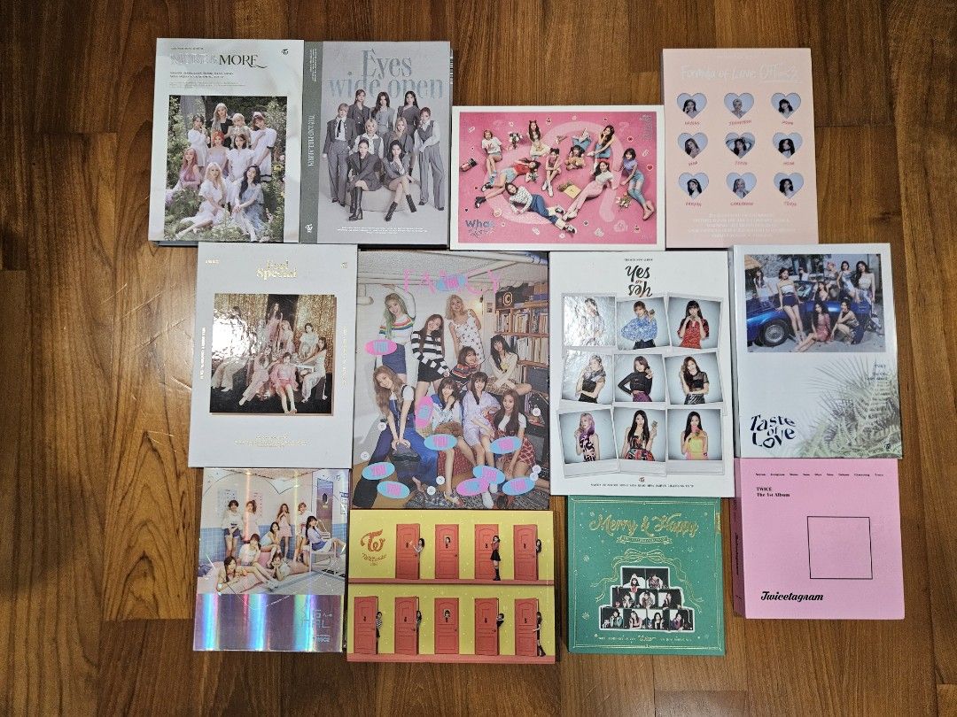 TWICE Albums, POBs (Category: K-Wave Merchandise) located in Singapore. Submitted by derpdare (Listing ID 1383821817, Image 1). Description: [OPEN TO NEGO] *Please read* Letting go of all my old Twice stuff! Selling as set, what you see is what you get. Albums come with most items intact, comes with POBs cards but first 3 are missing Mina. Feel free to ask about more details if you are interested in getting all. Will contain some free unofficial 