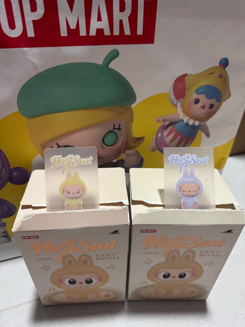 Labubu V2 (Category: Designer & Blind Box Toys) located in Singapore. Submitted by estelleanna (Listing ID 1379024063, Image 1). Description: LABUBU Exciting Macaron V1- BNIF Soy Milk x 1 (SOLD) Green Grape x1 (SOLD) Sea Salt Coconut x 1 (SOLD) Toffee x1 (SOLD) LABUBU Have a Seat V2- BNIF Sisi x1 (SOLD) Zizi x1 Open to trade with SKULLPANDA Plush - Mist - Windflower - Dew .