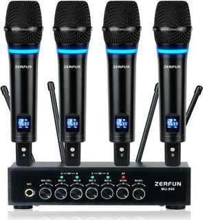 Rechargeable Wireless Microphone System 4 Channel Pro, UHF Metal Handheld Wireless Mics Cordless for Church Karaoke Singing with Bluetooth Echo Volume Control, 4x50 Frequency