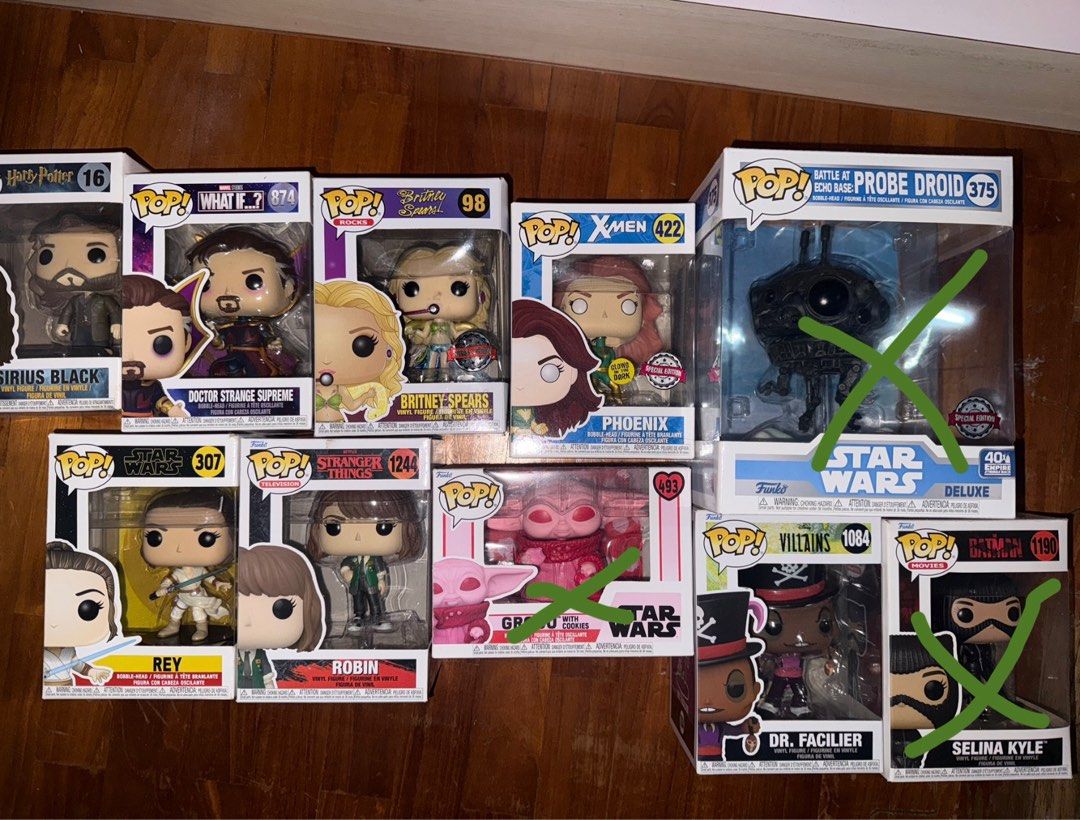 AUTHENTIC FUNKO POPS ALL MUST GO : Marvel Dr Strange Supreme Stranger things robin Star Wars grogu probe droid Selina Kyle Batman x men Britney Harry Potter Rey Disney villains Dr facilier (Category: Toy Figures) located in Singapore. Submitted by markinthedark (Listing ID 1378280258, Image 2). Description: Willing to nego SERIOUS BUYERS ONLY Dm for full pictures. PROBE DROID is $15 ! Catalogue: Sirius Black Harry Potter Valentine Grogu with Cook