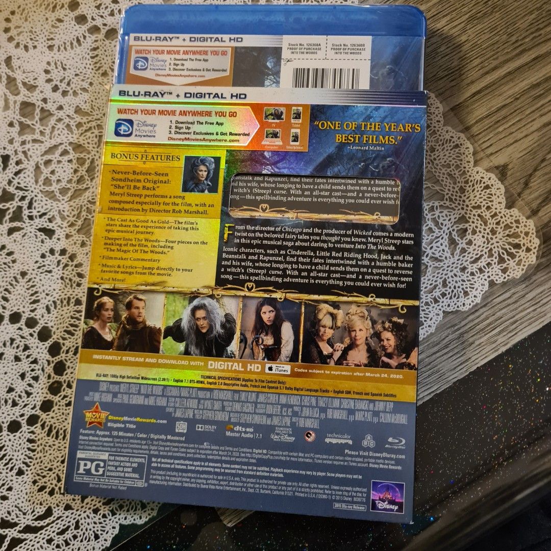 FREE TRACKABLE SHIPPING AND NEW AND SEALED! Johnny Depp, Meryl Streep, Anna Kendrick, Emily Blunt Disney Into The Woods Blu Ray (Category: CDs & DVDs) located in Singapore. Submitted by doraguy (Listing ID 1395162901, Image 3). Description: Description Into the Woods is a modern twist on the beloved Brothers Grimm fairy tales in a musical format that follows the classic tales of Cinderella, Little Red Riding Hood, Jack and the Beanstalk, and Rapu