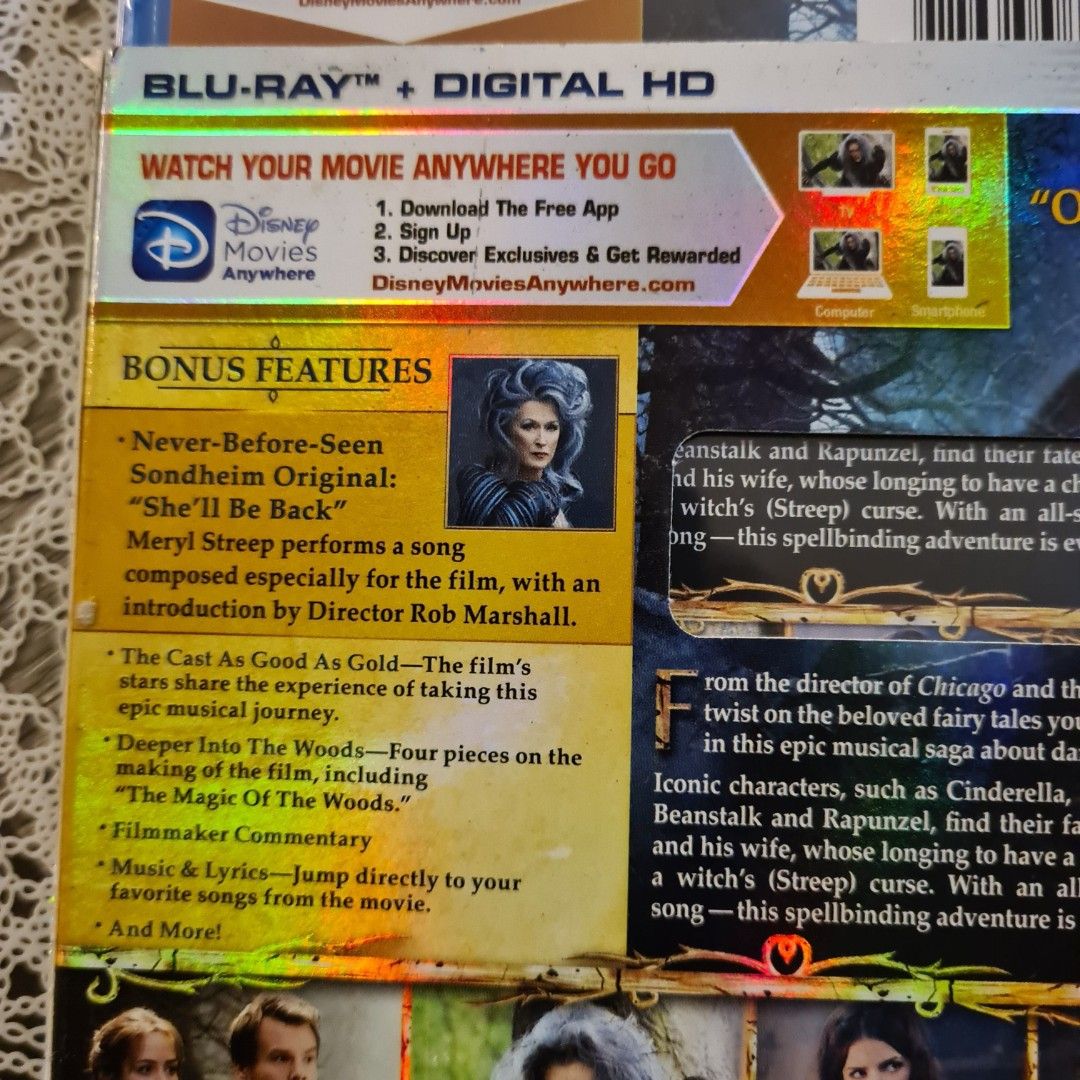 FREE TRACKABLE SHIPPING AND NEW AND SEALED! Johnny Depp, Meryl Streep, Anna Kendrick, Emily Blunt Disney Into The Woods Blu Ray (Category: CDs & DVDs) located in Singapore. Submitted by doraguy (Listing ID 1395162901, Image 4). Description: Description Into the Woods is a modern twist on the beloved Brothers Grimm fairy tales in a musical format that follows the classic tales of Cinderella, Little Red Riding Hood, Jack and the Beanstalk, and Rapu