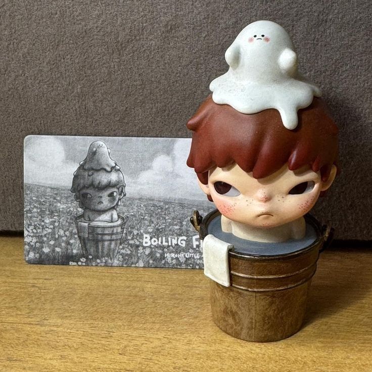 WTT- Boiling Frog Hirono (Category: Designer & Blind Box Toys) located in Singapore. Submitted by 123456789clair123456789 (Listing ID 1412966998, Image 1). Description: -BNIF only open to see card^^ -wtt for poem, destroy, staying up, loose fish, manacle, amnesia, the ghost, ragpicker (any of these^^) - Hirono "Boiling Frog" figurine - Unique design: Boy in a bucket with a ghost.